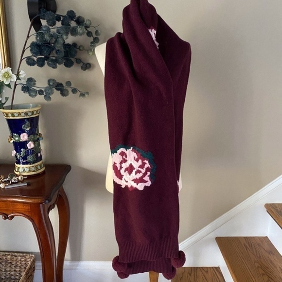 Anthropologie Burgundy Rose Embroidered Pom Scarf - Picture 4 of 8
